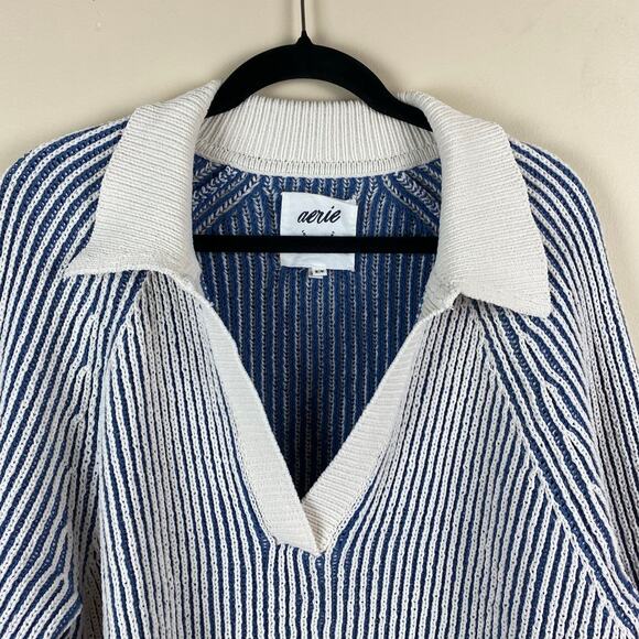 Aerie Sugar Rush Chenille Polo Henley Sweater Striped Oversized Coastal Preppy M - Picture 4 of 15